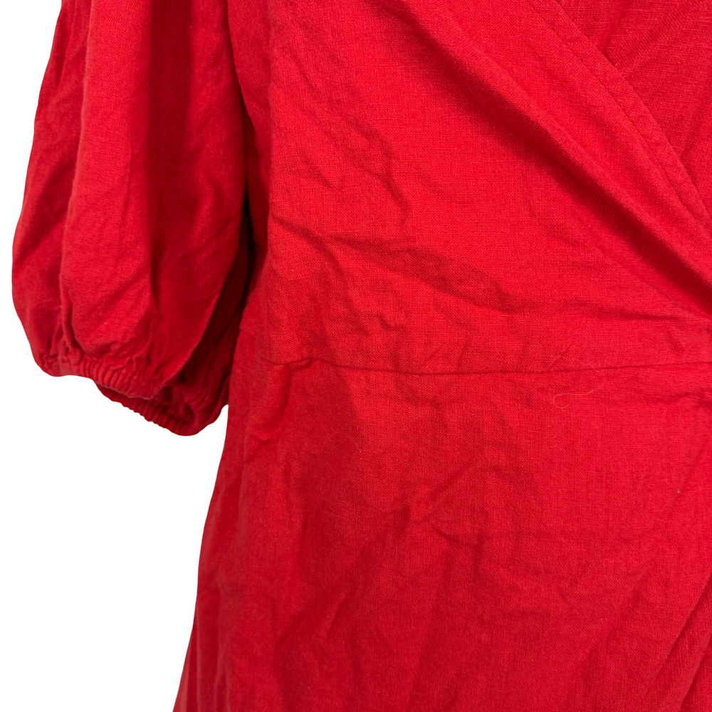 Abercrombie & Fitch Red Linen Puff Sleeve Wrap Smocked Mini Dress NWT sz L Tall - Picture 6 of 16